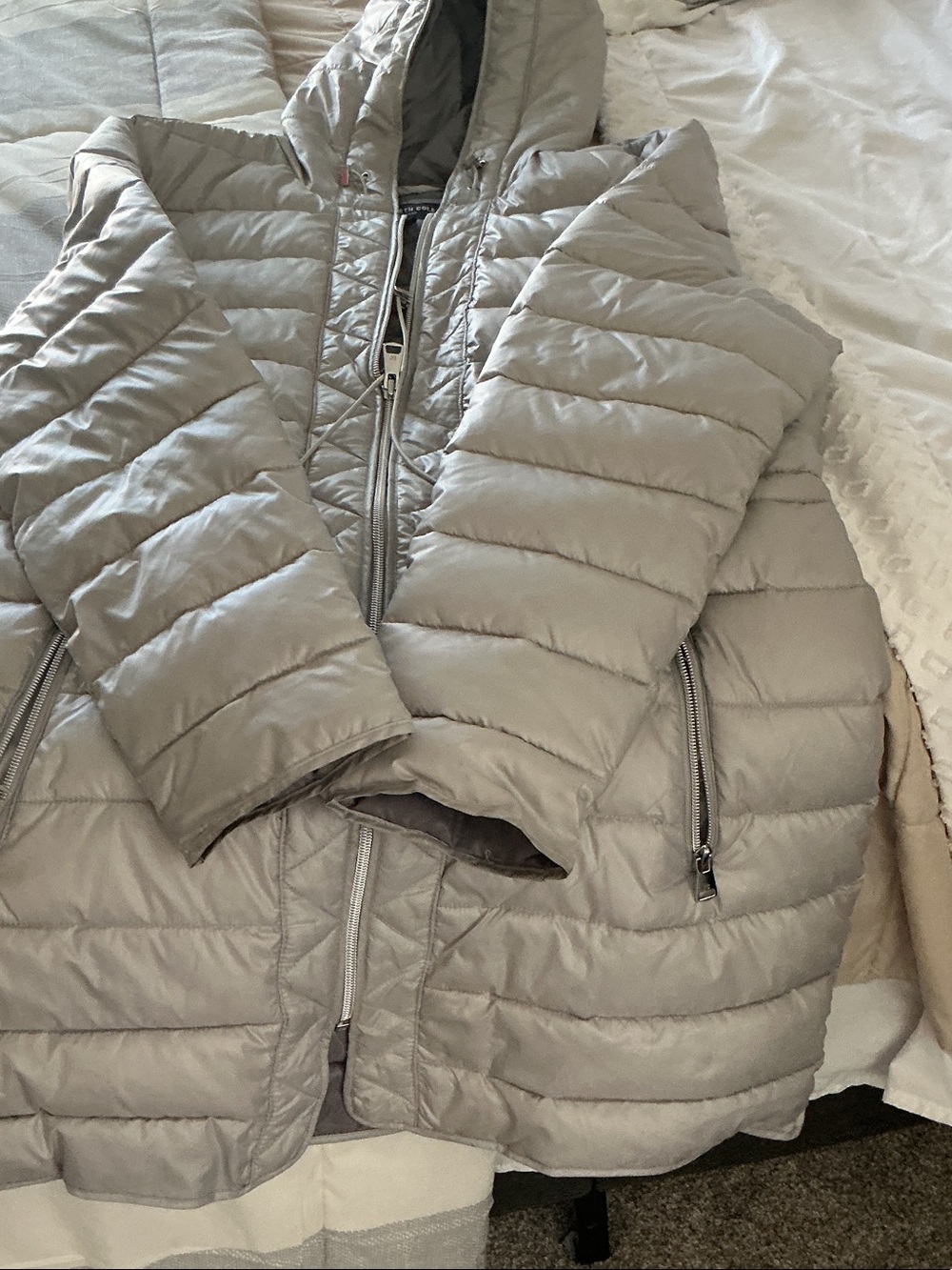 Kenneth Cole New York Light Gray Quilted Packable Puffer Jacket with Hood